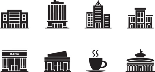 Collection of Various Commercial Buildings and a Coffee Cup Eco Icon Representing Urban Architecture and Services