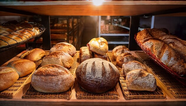 freshly baked bread loaves and rolls displayed on shelves in a bakery