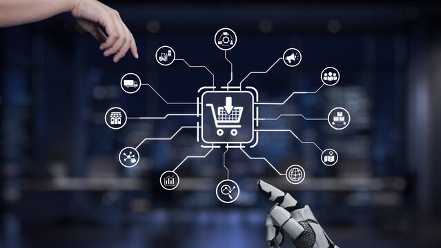 A captivating digital scene showcases a robotic hand interacting with various e-commerce icons, symbolizing the evolution of online shopping and technology integration. Synapse - Powered by Adobe