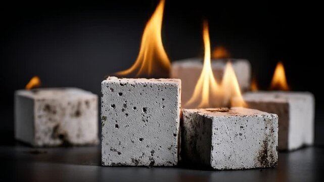 Burning blocks of innovative, light-gray concrete material showcase a fire-resistant design.