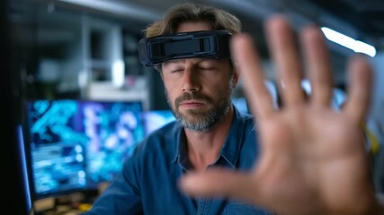 A man in an VR headset attempts system corruption in a dramatized scene coding AI for password testing on a generic security console screens flashing abstract threat alerts - Powered by Adobe