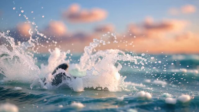 Dolphin leaping from ocean waves under a colorful sky serene marine life