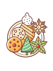 Fototapeta premium Modern flat vector illustration of a plate of delicious christmas cookies and festive treats