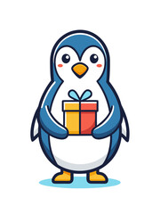 Obraz premium Modern flat vector penguin holding gift icon cute illustration for holiday and celebration themes