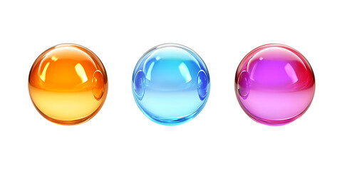 Three Translucent Spheres in Orange, Blue, and Purple Lined Up on a Transparent Background