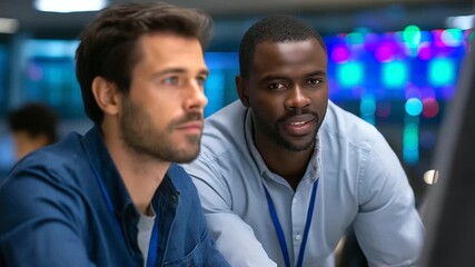 A system admin and coworker monitor AI supercomputers on generic workload dashboards discussing workloads on PCs server racks glowing a collaborative data center AI - Powered by Adobe