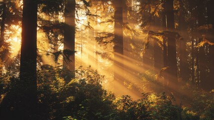 cinematic golden forest with sunlight streaming through tall trees, soft mist curling between trunks, delicate shadows, luxurious lush foliage