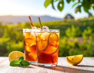 Refreshing, iced drinks with lemon slices, straws, and mint, outdoors
