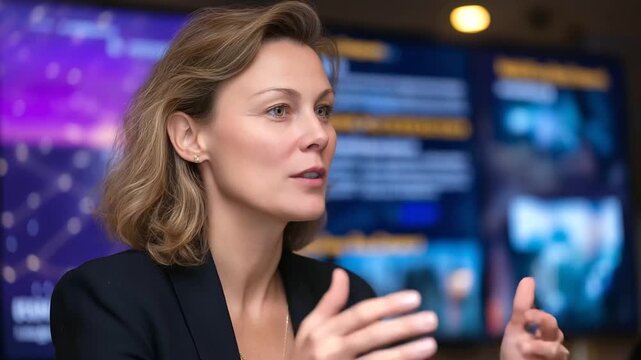 A woman speaks at a tech summit presenting AI trends on generic presentation visuals a digital screen showing case studies an engaged audience AI tech summit trend