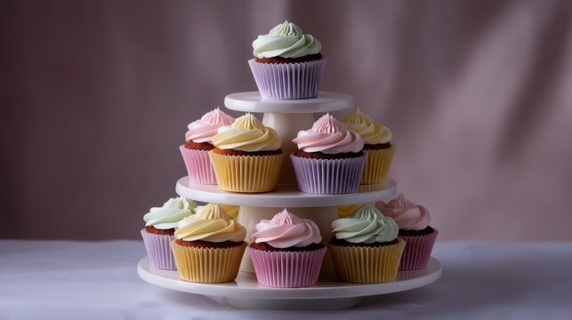 Three-tiered cake stand with cupcakes on it. the stand is white and has a round base.