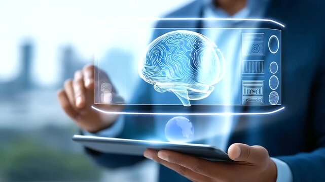 A young entrepreneur interacts with a holographic AI brain on an tablet coding deep learning algorithms on a generic IDE a modern office with city skyline views AI algorithm
