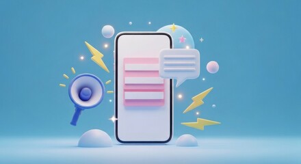 Cartoon smartphone with message bubble, megaphone, lightning on blue