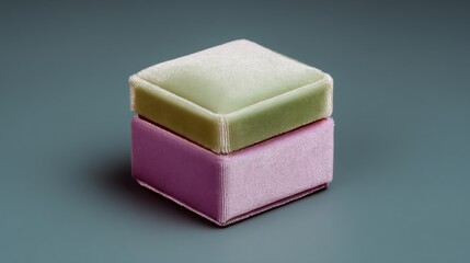 Close-up of a small square-shaped box with a lid. the lid is made of a light green fabric, while the body of the box is a darker shade of pink.