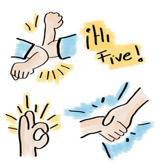 Ilustración de gestos de manos con high five y saludo en estilo doodle colorido

