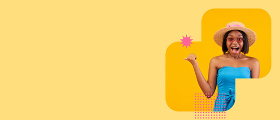 A joyful young woman poses in a bright summer outfit, wearing a wide-brimmed hat and sunglasses. She expresses excitement and fun against a vibrant yellow background, showcasing a playful spirit.