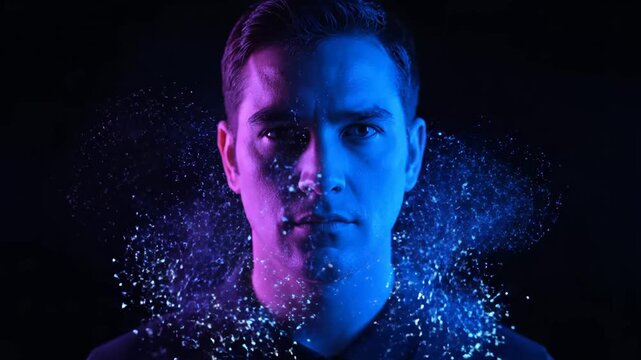 Surreal Portrait of a Man with Neon Light Effect - A close-up portrait of a man illuminated with neon blue and purple light.