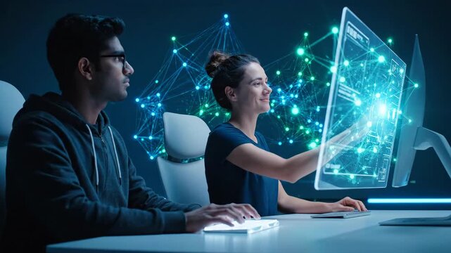 Tech Team Collaborating on Futuristic Display - A diverse team of two individuals works together at a futuristic workstation. - Powered by Adobe