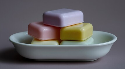 White ceramic dish with three cubes of soap stacked on top of each other. the cubes are of different colors - one is pink, one is yellow, and one is white.