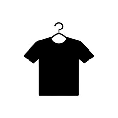 Black t-shirt on clothes hanger silhouette, simple clothing icon for fashion, wardrobe, apparel, or laundry design concept