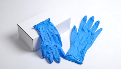 A photograph showcases two disposable, bright blue, protective gloves laid out near a plain, white, rectangular box. The lighting highlights the textures