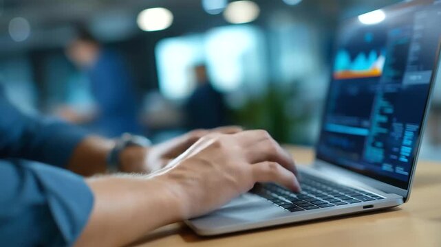 An entrepreneur reviews an AI brain system on a generic laptop dashboard coding for analytics screens glowing with deep learning visuals a modern office AI brain analytics