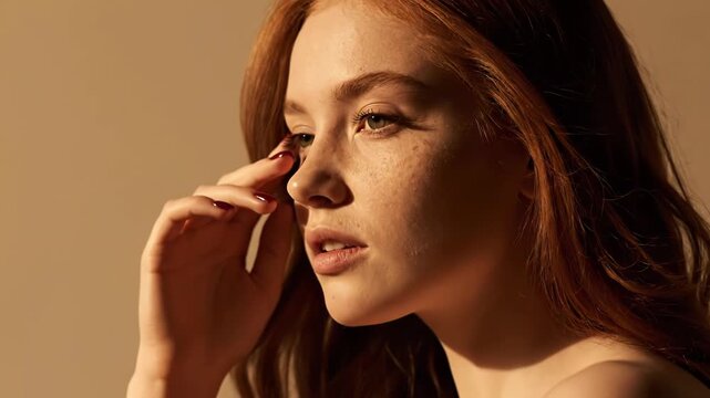 Portrait of a young woman with freckles and red hair, bathed in warm sunlight, looking thoughtfully to the side vector illustration