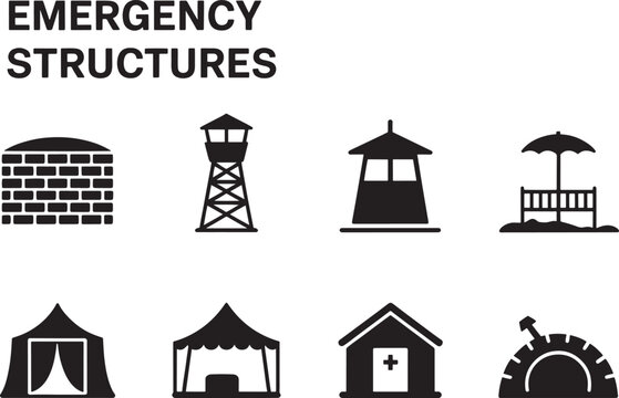 Collection of Diverse Emergency Structures and Shelter Icons Representing Various Protective and Temporary Buildings and Habitats for Humanitarian Aid And Safety Situations