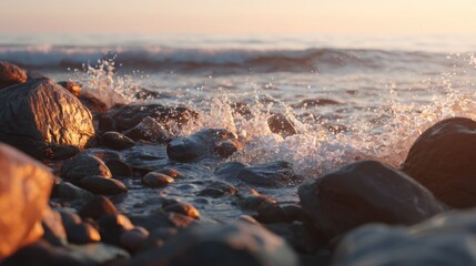 gentle waves hitting rocky shore at sunrise, warm soft lighting, cinematic depth, peaceful and emotional classical music ambiance