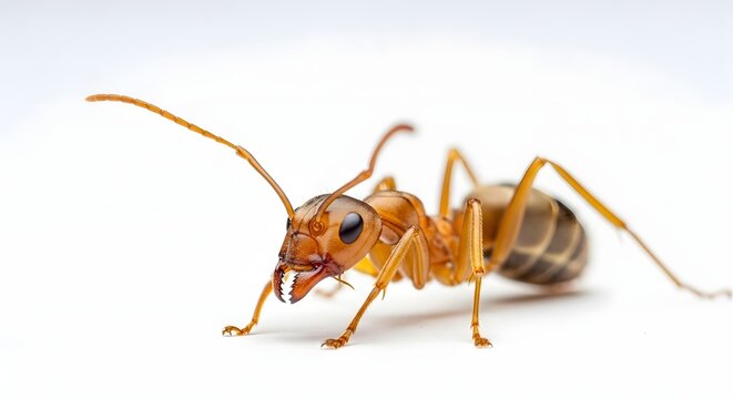 A detailed close-up shot showcases a golden ant, its mandibles prominently visible, crawling on a bright white surface, creating a simple yet striking composition.