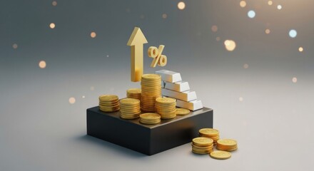 Golden coins, silver bars, and percentage sign point up. Soft bokeh background