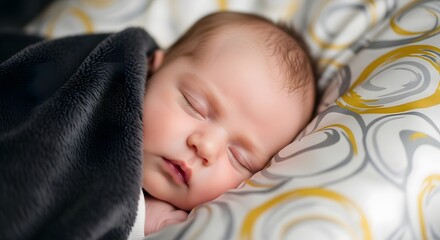A serene close-up captures a sleeping infant, peacefully resting on a patterned pillow and covered by a soft, gray blanket in a bright, naturally-lit room,