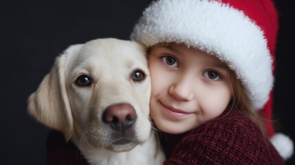 Close-up portrait of a young girl and her dog. the girl is wearing a red santa hat with white fur trim and a red sweater. she is smiling and looking directly at the camera.