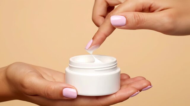 Closeup of hands applying cream from a small white jar, showcasing manicured nails and skincare routine vector illustration