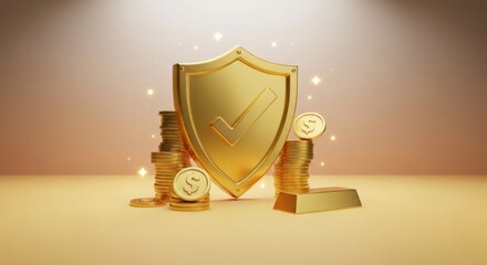 Golden shield, check, coins, and bullion on light background with bokeh sparkles