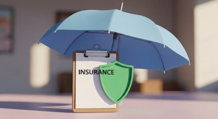 Fototapeta premium Insurance concept umbrella shielding a clipboard with a shield icon