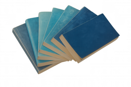 Blue books radiating knowledge and education, fanned out creating a conceptual library, transparent background