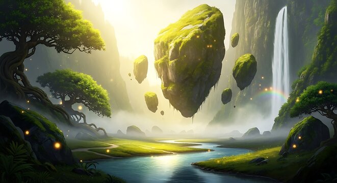 Sanctuary of Levitating Islands Bathed in Ethereal Golden Light.