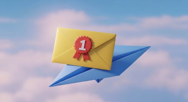 Mail Yellow envelope with a number one seal and a blue one, against sky