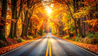 A long, paved road winds through a vibrant autumn forest, bathed in sunlight. Trees with orange and yellow foliage line the way
