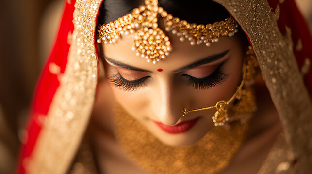 Bridal portrait with traditional gold jewelry and red dupatta. Ethereal beauty, intricate details, and soft lighting accentuate a serene moment.