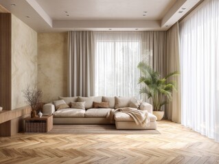 Fototapeta premium A living room with a couch, a potted plant, and a vase
