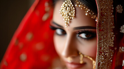 Portrait of a South Asian bride with traditional gold jewelry and a red veil, showcasing her beauty and cultural heritage.