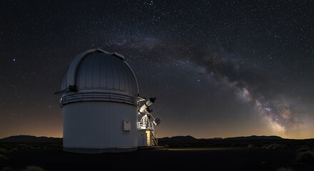 Obraz premium Stargazer at Observatory Under Milky Way - Night Sky Exploration and Scientific Discovery.