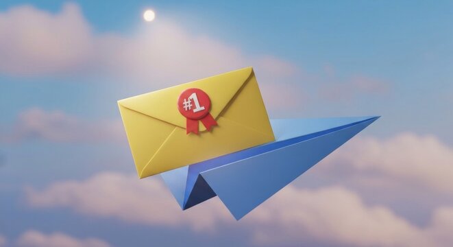 Paper plane with envelope soaring in a cloudy sky, sealed with a "1" ribbon
