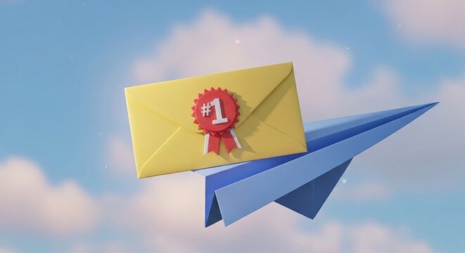 Paper plane flying carrying an envelope with a number one seal against sky