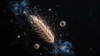 Artistic digital rendering of a wheat stalk intertwined with a celestial network against a starry void
