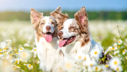 Two happy canines pose in a sunny field of white wildflowers