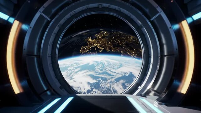 Immersive video inside futuristic space station, looking through porthole at Earth's day-night transition, city lights. Majestic camera drift. Concept of breathtaking planetary scale