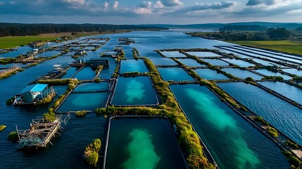 Drone view long rectangular fish raceways high resolution picture