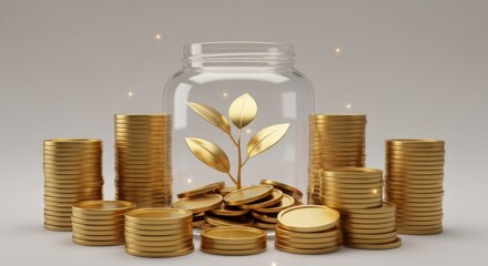 Plant growing in jar with coins; gold coins stacked on either side